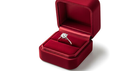 A diamond ring presented in an open red velvet jewelry box