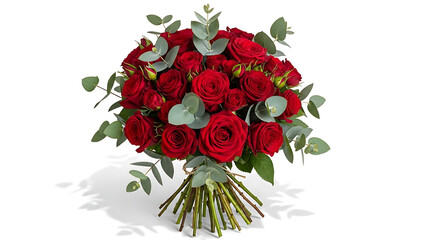 A beautiful bouquet of red roses with green leaves on white background