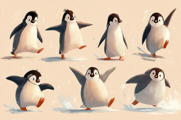 Obraz premium Cute penguin illustration set showing multiple playful actions and joyful movements with soft textured style on light background, capturing lively and adorable expressions