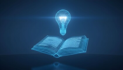 An open book with a glowing lightbulb above it on a dark surface viewed from a slight angle