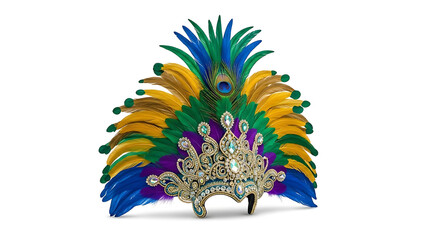 A colorful feathered headdress with a gold tiara on a white background