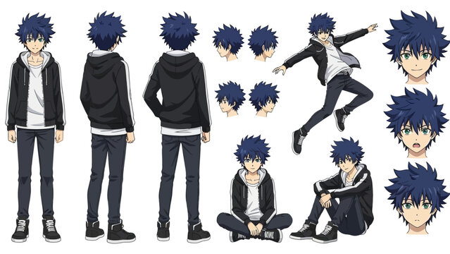 A character sheet of an anime boy in various poses and expressions