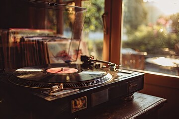 Obraz premium Close-up of a vinyl record player near a sunny window, showing music, nostalgia