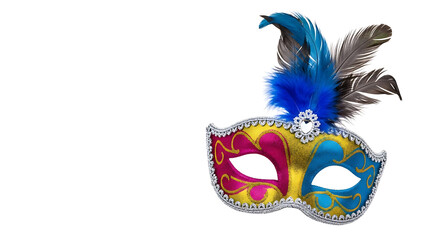 A colorful masquerade mask with feathers and rhinestones on a white background