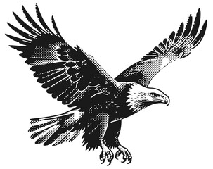 A bold black-and-white illustration of a soaring eagle, wings spread wide and talons ready. Ideal for logos, mascots, wildlife themes, or powerful symbolism of freedom