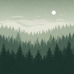 Fototapeta premium Serene evergreen forest landscape at dusk with distant hazy mountains and a glowing moon