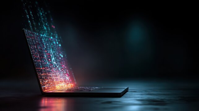 Abstract data flowing from laptop digital technology concept