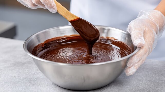 Chocolate mixture being stirred with a wooden spoon in a stainless steel bowl, showcasing rich texture and glossy surface, perfect for baking or dessert preparation