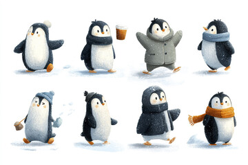Obraz premium Cute winter penguin characters wearing scarves and hats enjoying snowy activities with warm drinks and playful expressions in soft textured illustration style