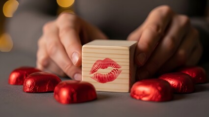 A wooden block with a red lip print surrounded by chocolates