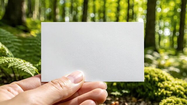 A person holds a blank white business card in a lush green forest setting, ideal for custom designs, branding, or marketing purposes.