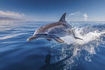 Fototapeta premium Dolphin jumping above calm blue ocean water with splash and clear sky on sunny day near distant coastline, showing dynamic motion and natural marine life beauty