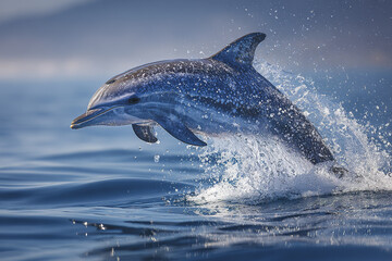 Fototapeta premium Dolphin breaching above open sea with sparkling water droplets and elegant arc mid air, showing dynamic movement and natural marine beauty in bright daylight