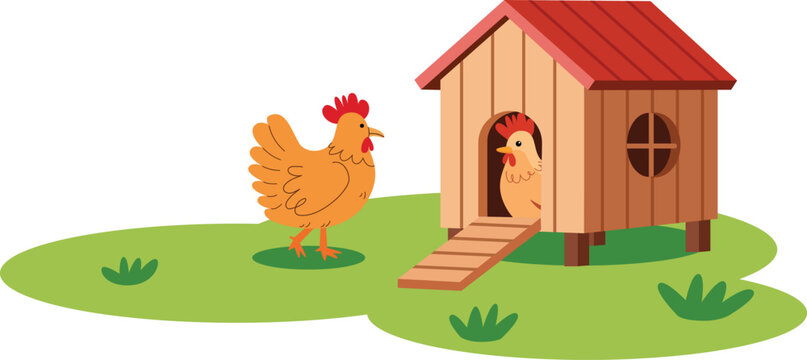  Cute Farm Chickens Outside Rustic Wooden Coop Livestock Poultry Cartoon Vector Illustration