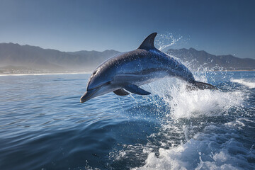 Fototapeta premium Dolphin jumping out of ocean water with splash near mountain coastline under clear blue sky in bright daylight