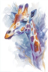 Illustration of giraffe portrait, head in watercolor style, colorful African wildlife animal, elegant modern art, isolated on a white background