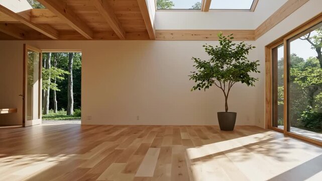 Modern empty room with wooden floor and large windows
