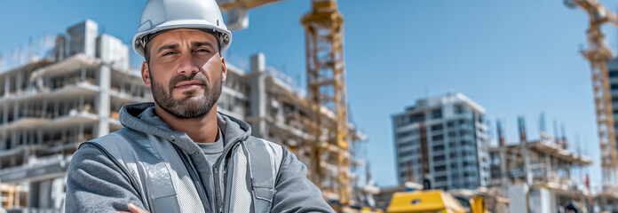 Confident construction worker standing proudly at a building site