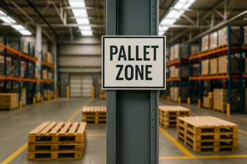 Sign in warehouse indicating pallet zone for storage area