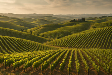 Fototapeta premium Scenic vineyard landscape with rolling hills and lush greenery