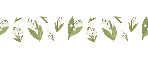 Lily of the valley flowers and green leaves on white background, hand drawn botanical floral vector seamless border.