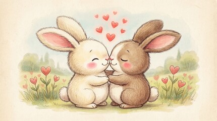 Two cute bunnies kissing in a field of hearts, isolated on white background