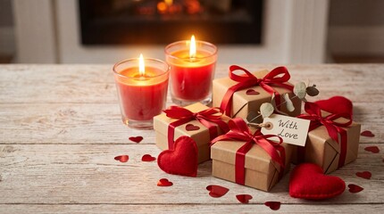 Cozy valentine's day setup with candles and gifts isolated on white background
