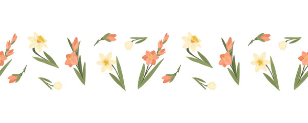 Yellow daffodils and pink spring flowers with green leaves, hand drawn botanical floral vector seamless border on white background
