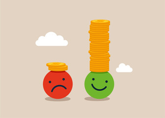 Coin stacking on happy face and less small income coin  on sad face. Pay gap. Economic inequality. Good financial planing can make happiness. Flat vector illustration