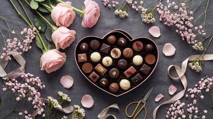 Heart-shaped box of chocolates surrounded by roses and flowers, isolated on white background