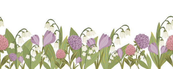 Pink clover, purple crocus and white lily of the valley flowers, hand drawn botanical floral vector seamless border with wild plants