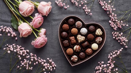 Heart-shaped box of chocolates with roses isolated on white background