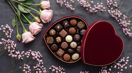 Heart-shaped chocolate box with flowers isolated on white background