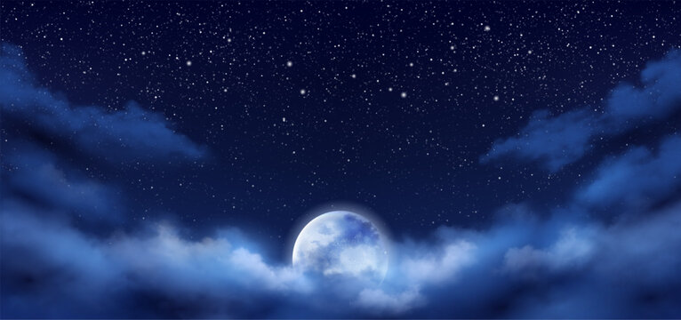 Night cloudscape with moon and starry landscape. Vector realistic horizon of clouds and mystic atmosphere. Illuminated nighttime, dramatic view or scenery outdoors, morning or dusk scene