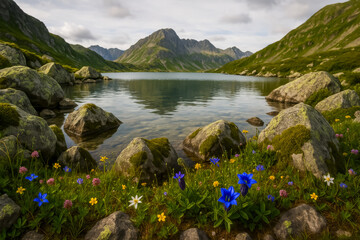 Serene mountain lake surrounded by colorful wildflowers and rocky terrain