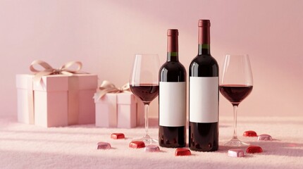 Two wine bottles and glasses with gifts isolated on white background