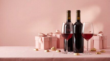 Two wine bottles and glasses with gifts isolated on white background