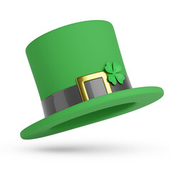 Leprechaun hat with clover isolated on white background. St. Patrick's day concept. 3d illustration.