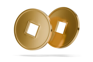 Chinese golden coins, symbol of prosperity, isolated on white background. 3d illustration.