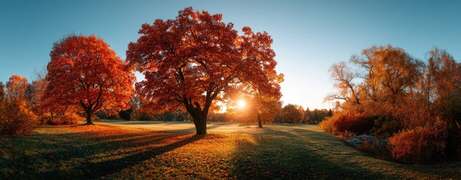 Panoramic view of a park with trees in autumnal hues, sun shining through foliage, and grass below