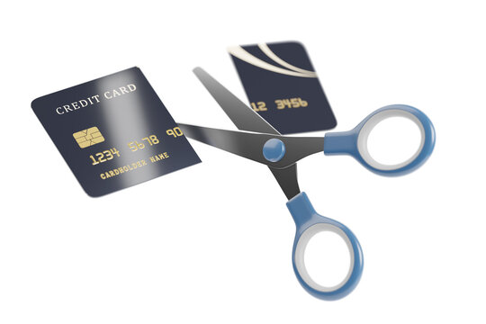 Scissors cutting a credit card isolated on white background. 3d illustration.