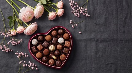 Heart shaped box of chocolates with flowers isolated on white background