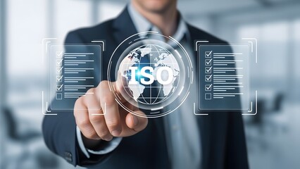 Businessman interacting with a futuristic digital interface displaying itsc