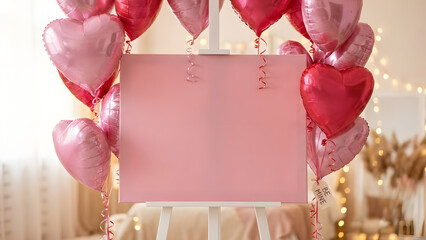 Valentine's Day themed scene featuring a blank pink canvas for copy space, framed by an abundance of shiny heart balloons in a romantic setting