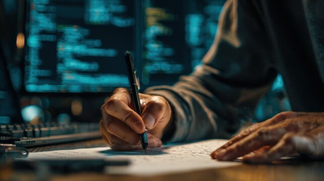 Medium shot of a person tracing Python functions on paper with blurred digital environment in background hinting at stepbystep coding lessons.
