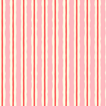 Vertical pink and red thick and thin uneven jagged stripes vector seamless pattern, striped background for textile and paper design