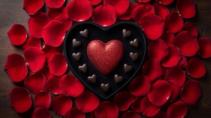 Heart-shaped box surrounded by rose petals isolated on white background