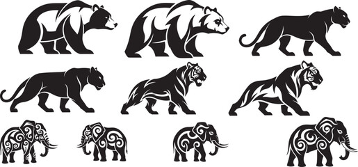 Fototapeta premium Wild animal silhouette collection featuring bears, panthers, tigers, and tribal elephants in bold black vector style, perfect for logos, tattoos, branding, and graphic design