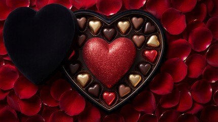 Heart-shaped chocolate box with red rose petals isolated on white background