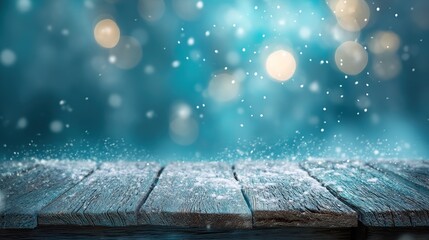 Snow falling on wooden table against blue bokeh lights background with winter theme and ample space for product presentation in high-resolution style